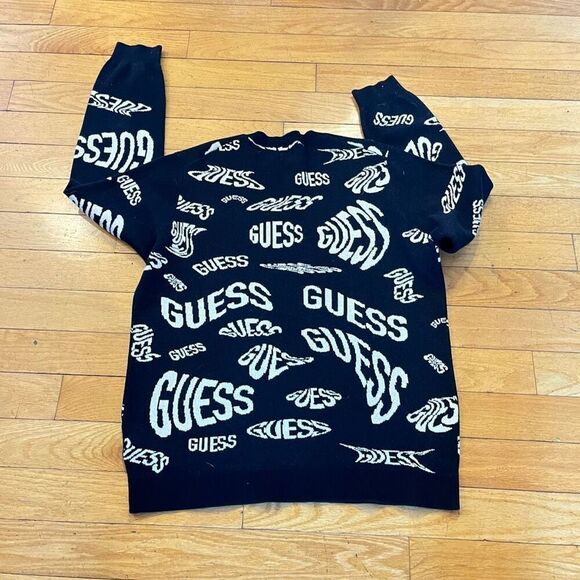 Guess Men's Sweatshirt Black White Large Allover Logo Print Long Sleeve Pullover - Picture 2 of 8